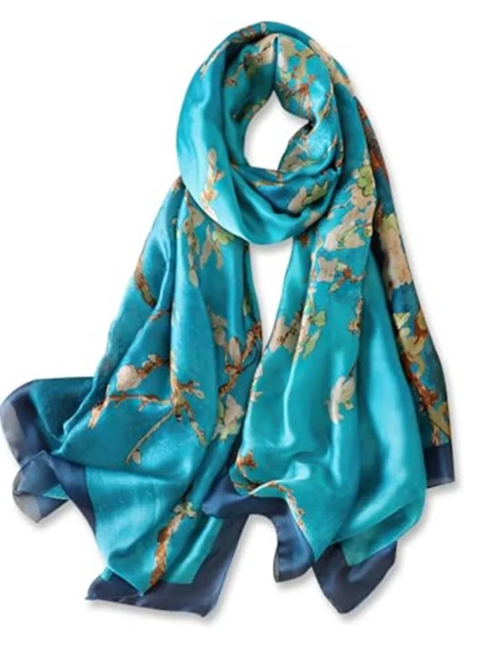 Blue Large Silk Feeling Scarf-Women's Fashion Long Mulberry Silk Satin Neck